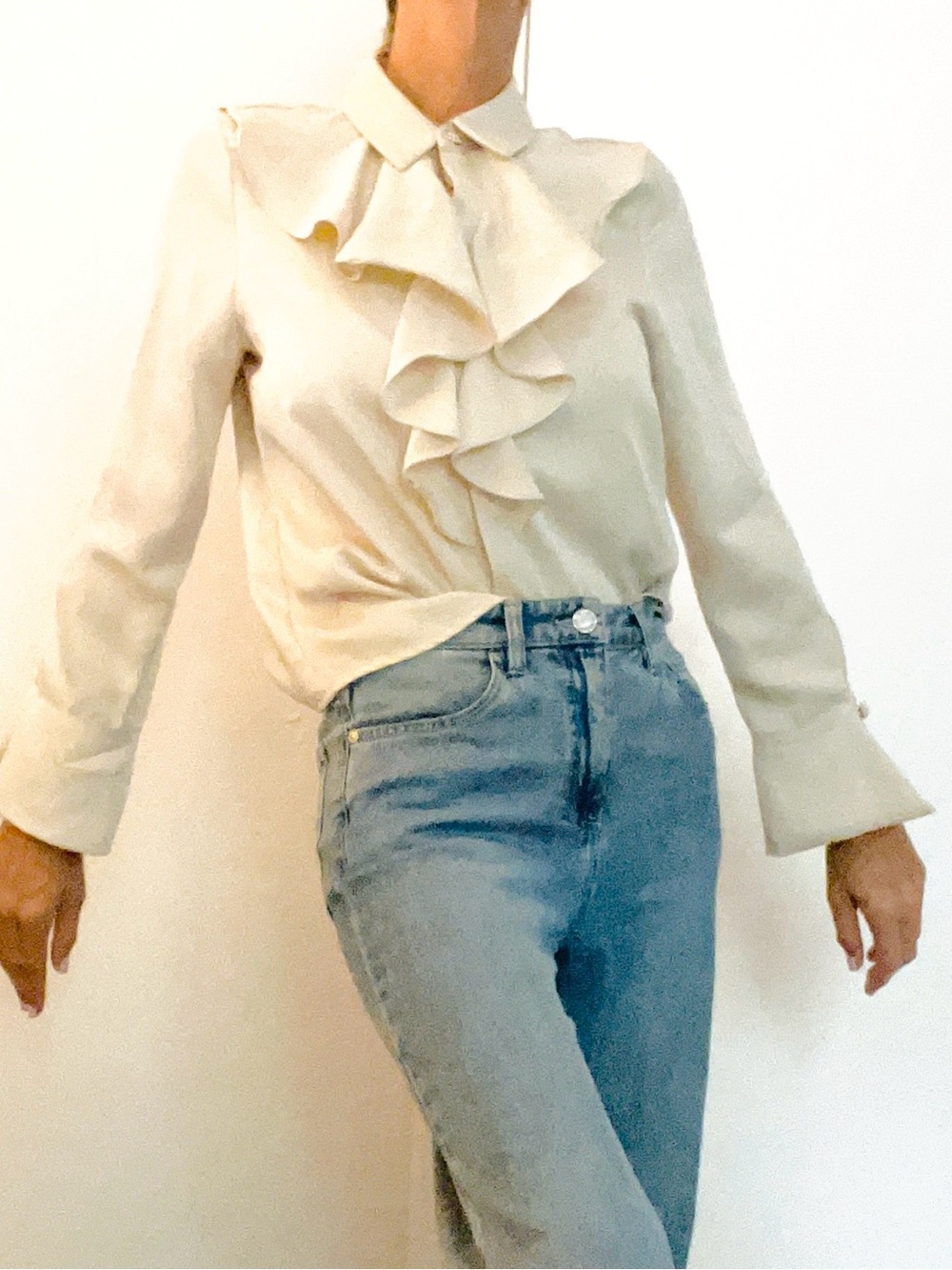 Zara Cream Ruffle Collar faux pearl Button-up Blouse S